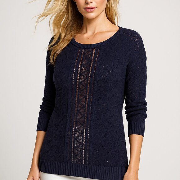 LOFT BLUE CASUAL DIAMOND STITCH CAREER CASUAL CLASSIC THIN SWEATER SIZE: LP NEW - Picture 1 of 5